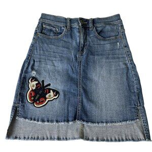 Sneak Peek Denim Skirt Size M High Rise Hi Low Step Hem Distressed Stretch